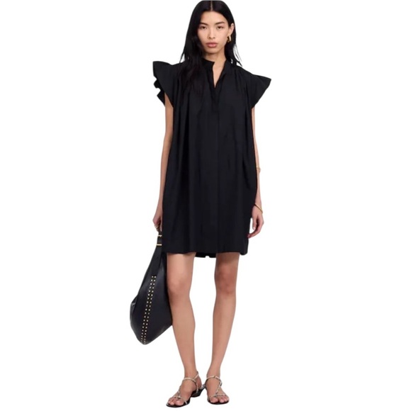 NEW MADEWELL Flutter Sleeve Button-Front Mini Dress in Poplin Black Size Small - Picture 1 of 6